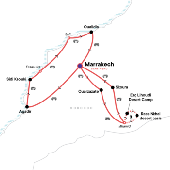 Map of tour Tour of Marrakech, The Sahara and The Coast