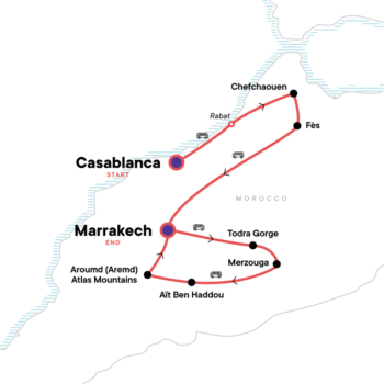 Map of tour Low-Cost Cultural Tour Casablanca to Marrakech