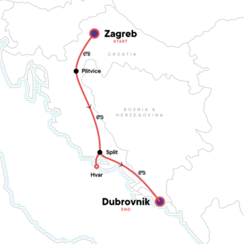 Map of tour Zagreb to Dubrovnik: Natural Beauty and Nightlife