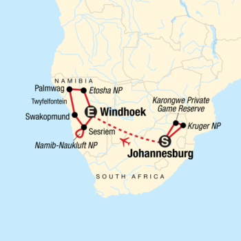 Map of tour Wildlife Tour of Kruger and Namibia