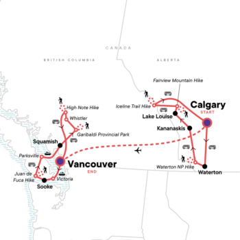 Map of tour Canadian Rockies and West Coast Camping Tour