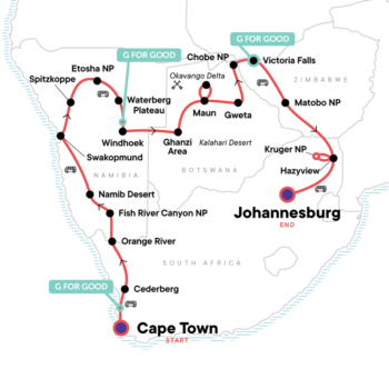 Map of tour Cape Town, Victoria Falls and Kruger