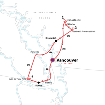 Map of tour Active Canada Camping Tour