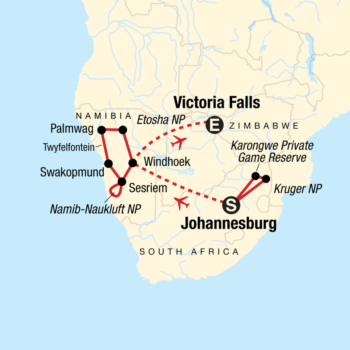 Map of tour Kruger Safari, Namibia, and Victoria Falls