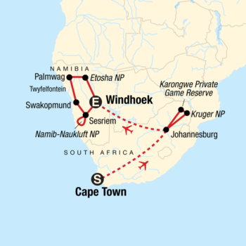 Map of tour Cities and Wildlife of Southern Africa