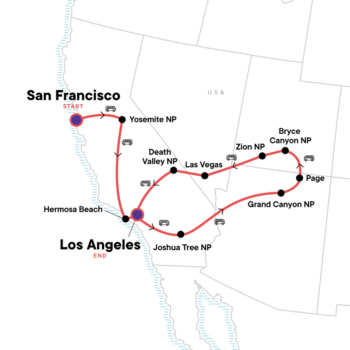 Map of tour USA National Parks Young Adults Camping Tour