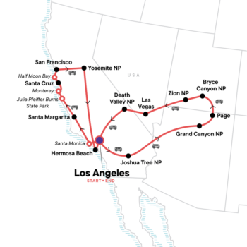 Map of tour 18-Day Budget Tour of California and Western National Parks