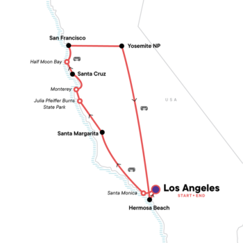 Map of tour California Coast and Yosemite 18-to-39 Camping Adventure