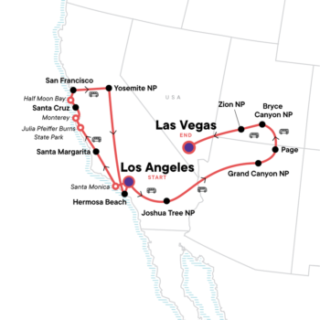 Map of tour Young Adults’ Budget American West Tour