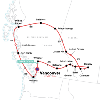 Map of tour 19-Day Canadian Coast and Rockies Tour