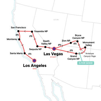 Map of tour 16-Day California, Vegas and National Parks USA Tour