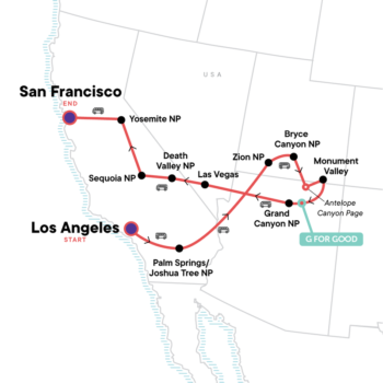 Map of tour Western USA National Parks 16-Day Tour