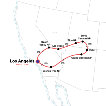 Map of tour Grand Canyon, Vegas and Death Valley Camping Tour