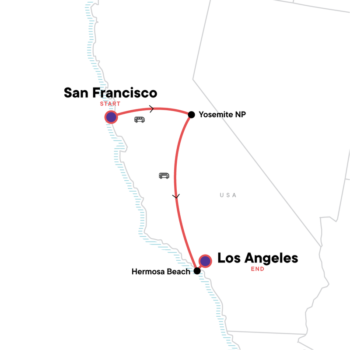 Map of tour USA Young Adults Camping Tour of Yosemite and California