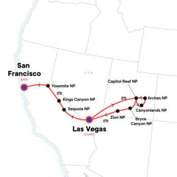 Map of tour Camping 16-Day Tour of Western USA’s National Parks