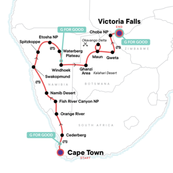 Map of tour Young Adults Southern Africa Nature Camping Tour