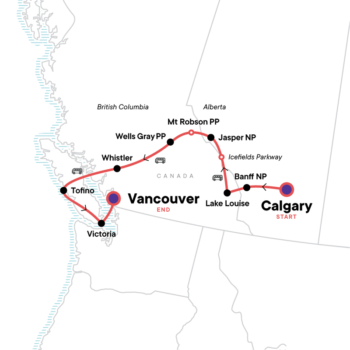 Map of tour 14-Day Canadian Rockies Camping for Young Adults – Westbound