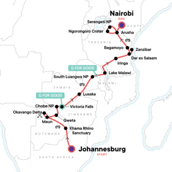 Map of tour Low-Cost Tour of Africa: Johannesburg to Nairobi