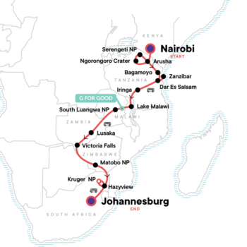 Map of tour Nature Camping Tour – Nairobi to Johannesburg