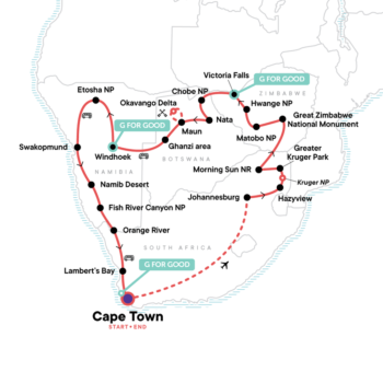 Map of tour Highlights Tour of Southern Africa