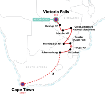 Map of tour South Africa & Zimbabwe National Parks and Victoria Falls