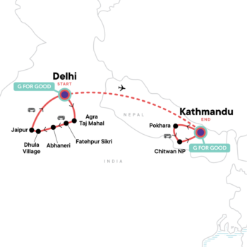 Map of tour Low-Cost Cultural Tour of India and Nepal