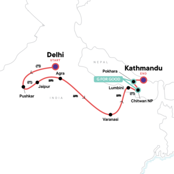 Map of tour Delhi to Kathmandu: Vibrant Cities and the Himalayas