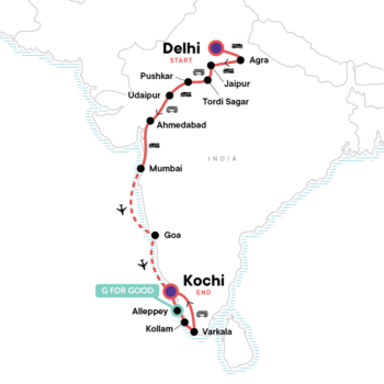 Map of tour India for Young Adults: Taj Mahal to the Beaches of Goa