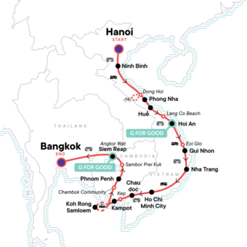 Map of tour 25-Day Tour of Southeast Asia: Vietnam, Cambodia and Bangkok