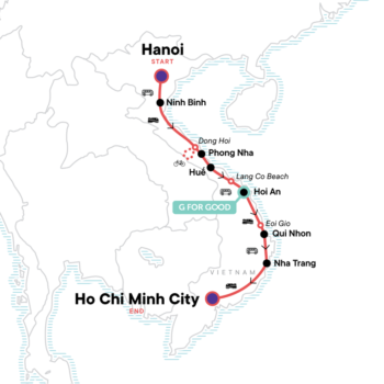 Map of tour Hanoi to Ho Chi Minh: Tour of Vietnam for Young Adults