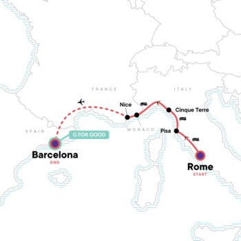 Map of tour Rome to Barcelona Week-long Adventure