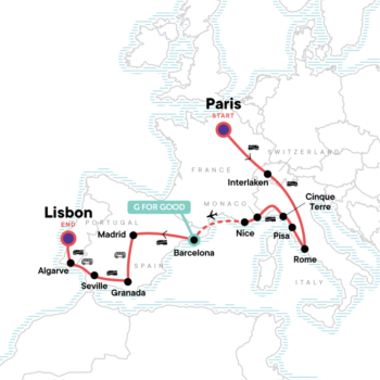 Map of tour Low-Cost Tour of the Mediterranean: Paris to Lisbon