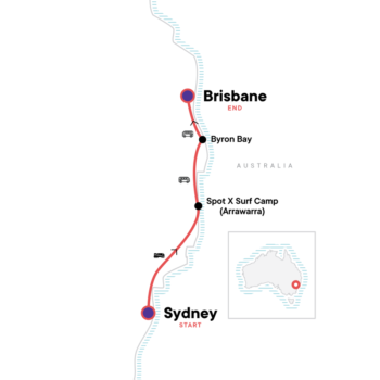 Map of tour Australia Surfing Experince: Byron Bay & Arrawarra