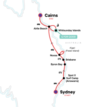 Map of tour East Coast Australia: Surfing & Island Adventure