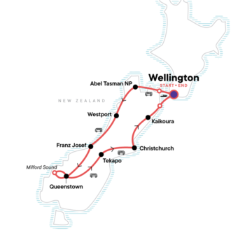 Map of tour New Zealand for Young Adults: Best of South Island