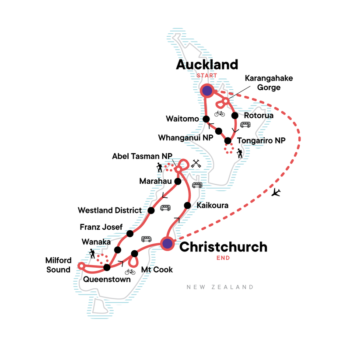 Map of tour 22-Day Active Tour of New Zealand