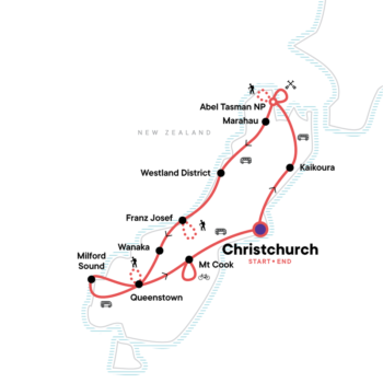 Map of tour Active New Zealand – South Island Walking Tour