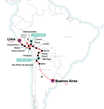 Map of tour 35-Day Peru, Bolivia, Argentina Tour for 18-to-39