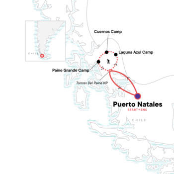 Map of tour Chile’s Torres del Paine – W Trek Camping