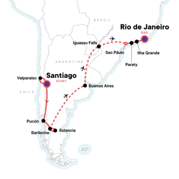 Map of tour South America’s Lake District, Iguassu Falls and Cultural Cities