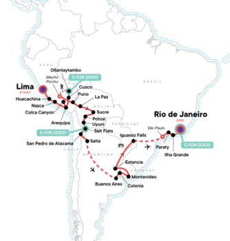 Map of tour Young Adults 51-Day South American Adventure