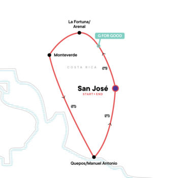 Map of tour 9-Day Costa Rica Nature & Adventure Tour