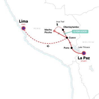 Map of tour La Paz to Lima via Lake Titicaca and Machu Picchu