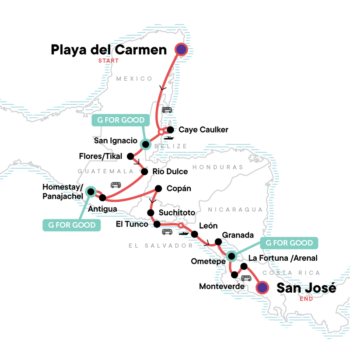 Map of tour Young Adult’s Central American Adventure: Ruins & Coastlines