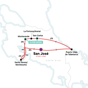 Map of tour Two-Week Tour of Costa Rica for 18-to-Thirtysomethings