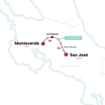 Map of tour Costa Rica for Young Adults: Volcanoes & Cloud Forests