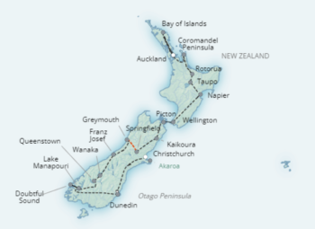 Map of tour Wilderness and Natural Wonders of New Zealand for Over 50s