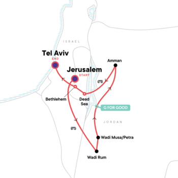 Map of tour Sights and Cities of Israel & Jordan for Young Adults