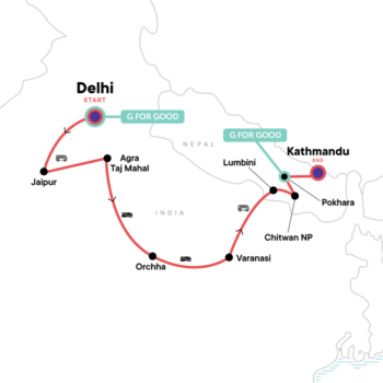 Map of tour Delhi to Kathmandu Historical and Nature Tour