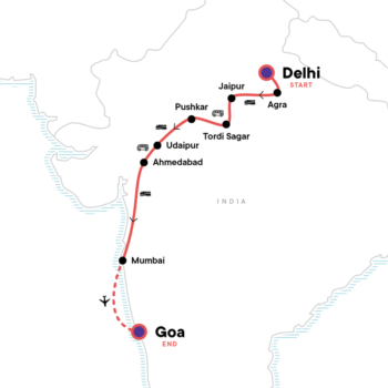 Map of tour Low-Cost Tour of India for Young Adults: Delhi to Goa